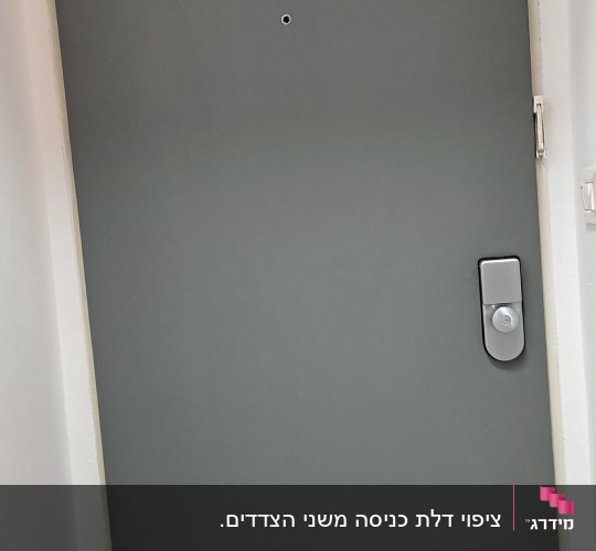 דלת אפורה עם ידית כסופה ומנעול